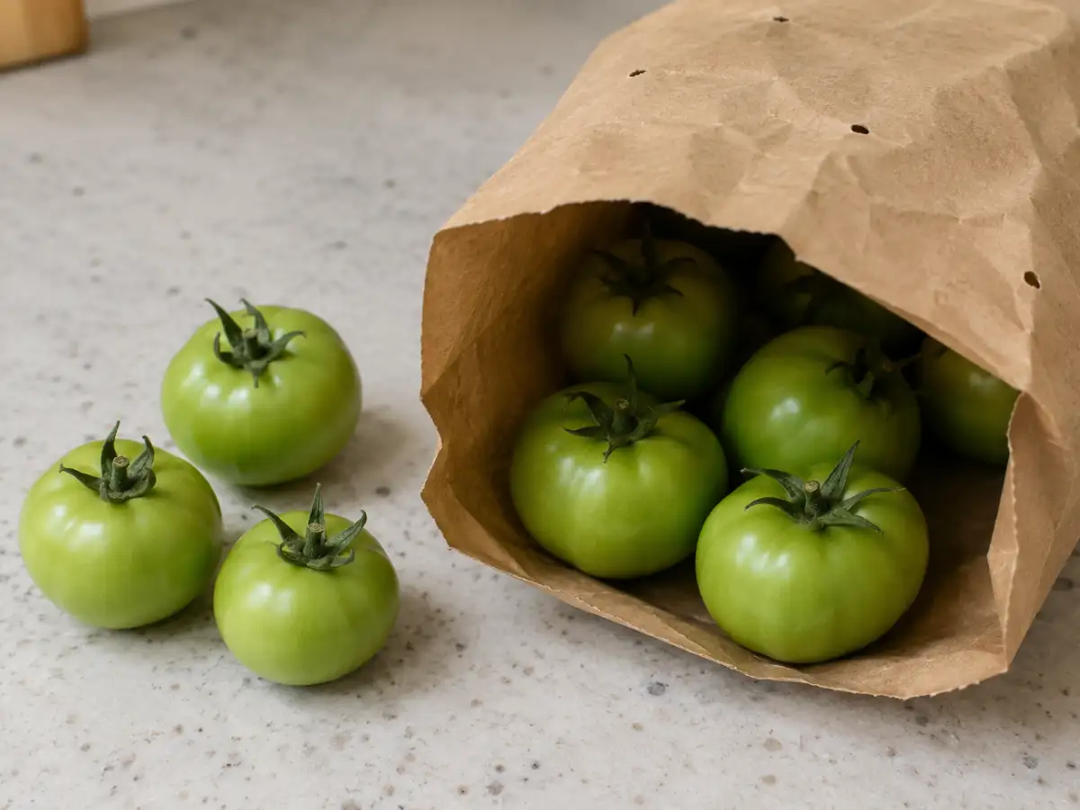 Put unripe tomatoes stem-side up in a paper bag with a few holes: The setup may help them ripen by keeping ethylene close to the fruit 