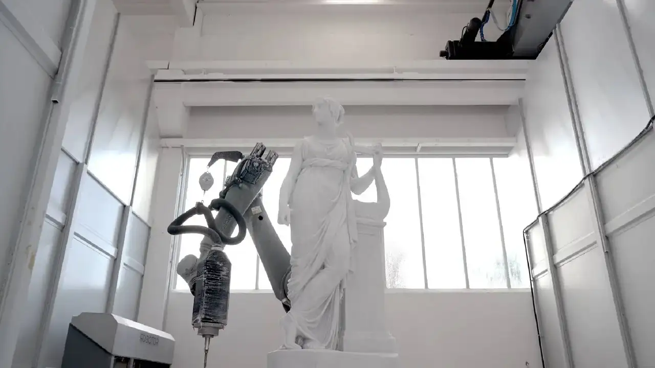 AI-powered robotic arm transforms Carrara marble into a full-scale statue of Tyche 