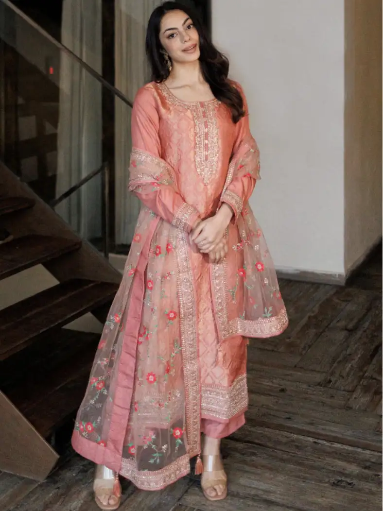 Image for LibasWomenPeach-ColouredFloralKurtawithTrousers%26amp%3BDupatta