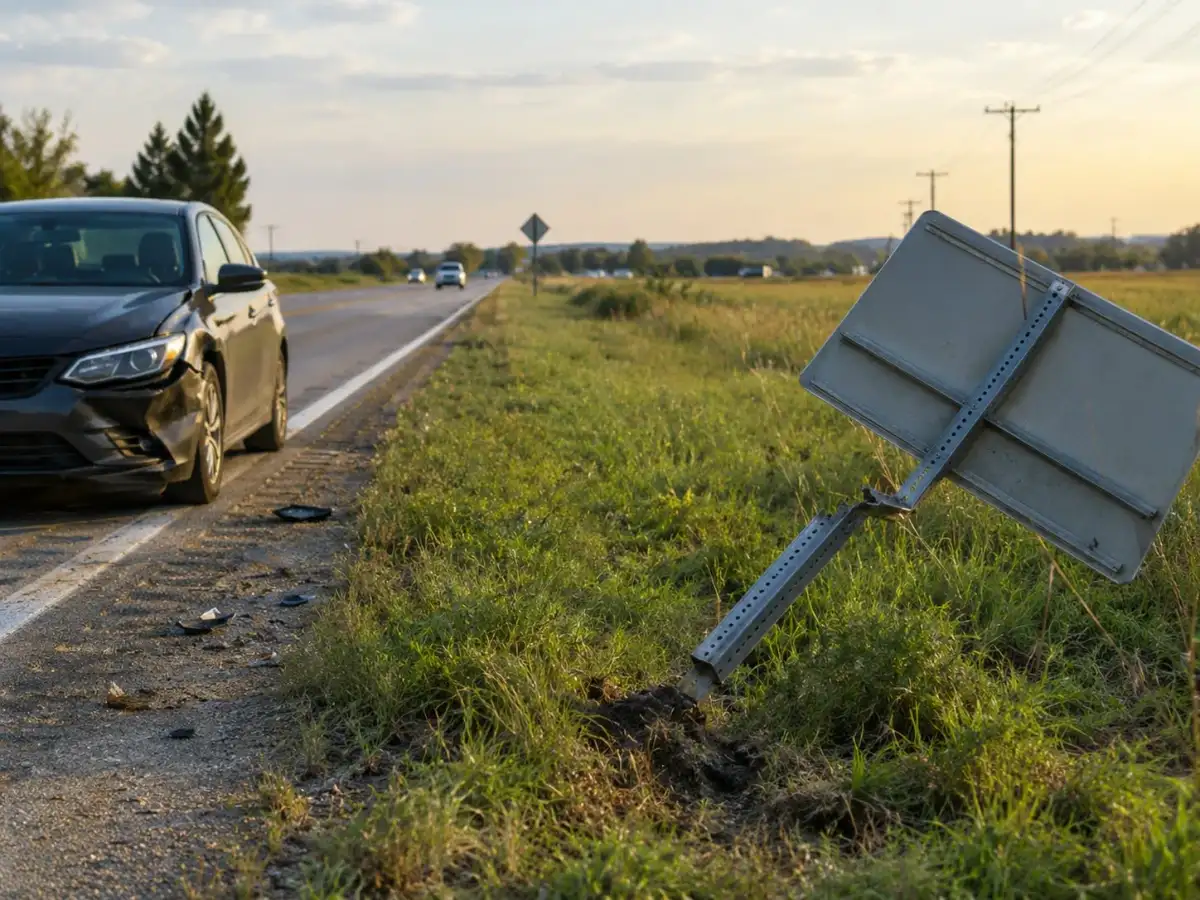 Some US roadside signs are designed to break or bend when a car hits them; the unusual design keeps the signpost from becoming an even more dangerous obstacle 