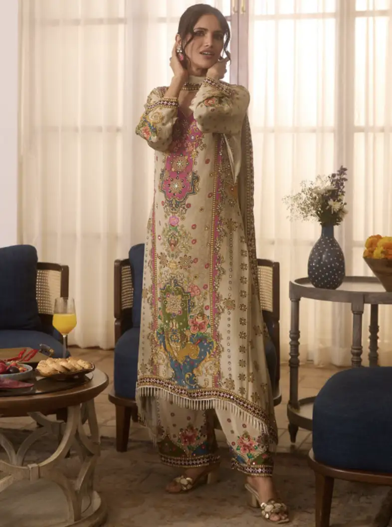 Image for AnoukFloralEmbroideredV-NeckMirrorWorkStraightKurtaWithPalazzos%26amp%3BDupatta