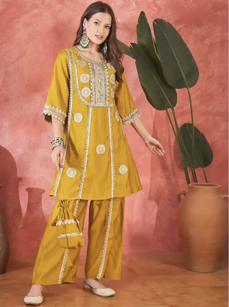 Image for SangriaWomenFloralEmbroidered%26amp%3BSequinedA-LineKurtaWithPalazzos%26amp%3BBag