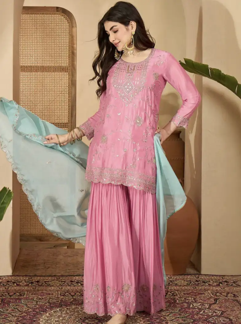 Image for SangriaWomenEthnicMotifsEmbroideredRegularSequinnedKurtawithSharara%26amp%3BWithDupatta