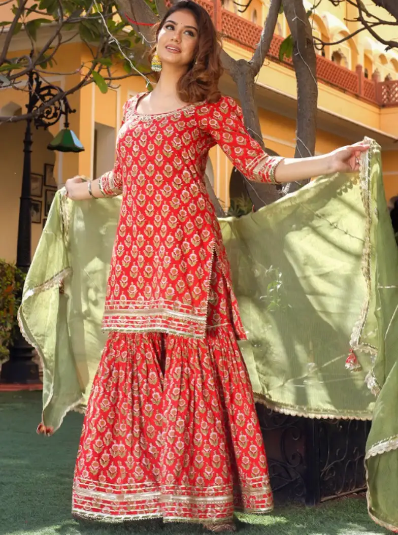Image for DivenaWomenMaroon%26amp%3BGreenEthnicPrintedPureCottonKurtawithSharara%26amp%3BWithDupatta