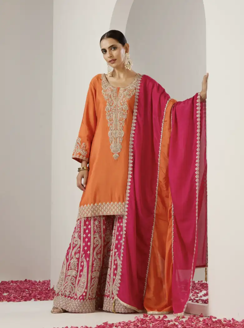 Image for IshinOrangeEthnicMotifsEmbroideredChinonStraightRepublicDayKurtaWithSharara%26amp%3BDupatta