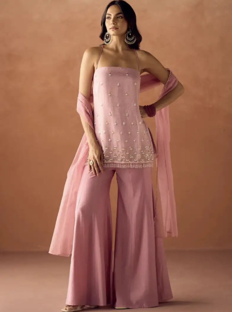 Image for FIORRAWomenLightPinkCrushEmbroideredOrganzaStraightKurtaSetwithDupatta