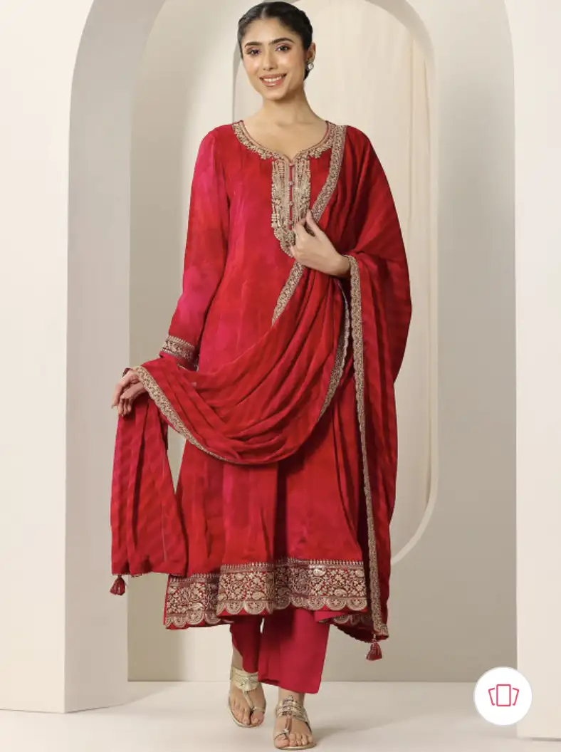 Image for LibasWomensRedPrintedChiffonAnarkaliKurtaWithTrousers%26amp%3BDupatta
