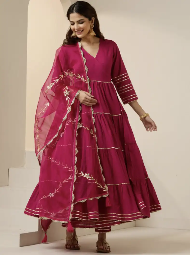 Image for IshinGottaPattiPureCottonV-NeckAnarkaliKurtaWithPalazzosAndDupatta