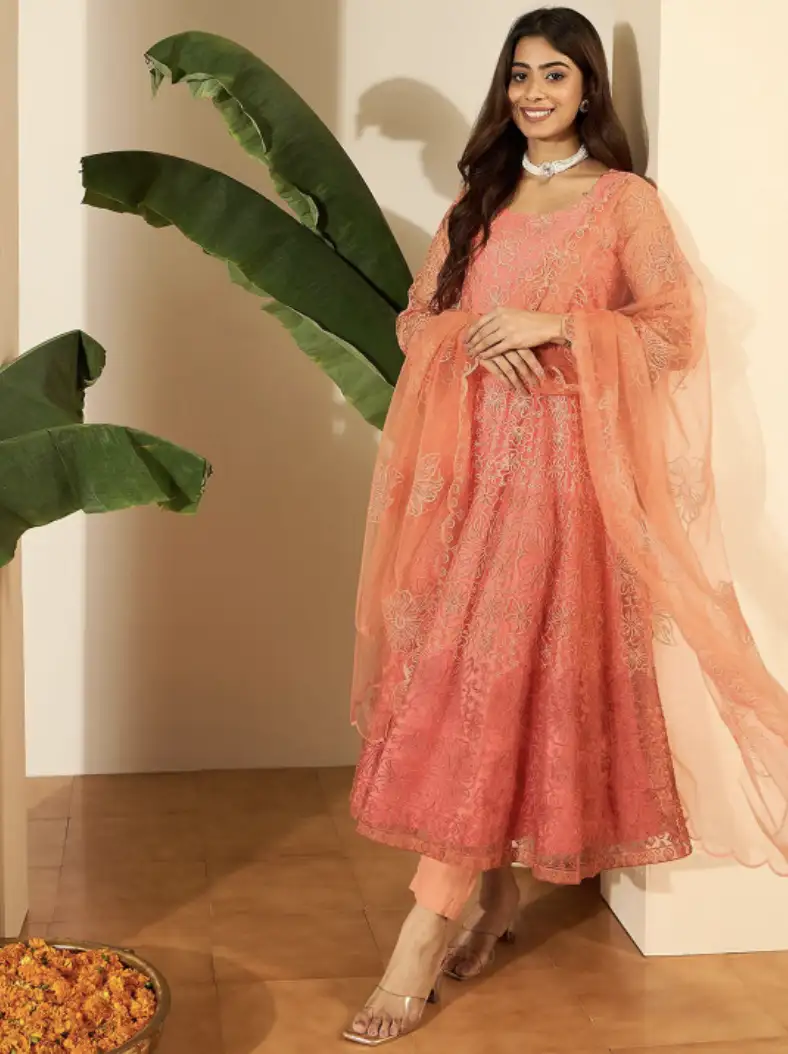 Image for InddusFloralEmbroideredRoundNeckThreadWorkAnarkaliKurtaWithTrousers%26amp%3BDupatta
