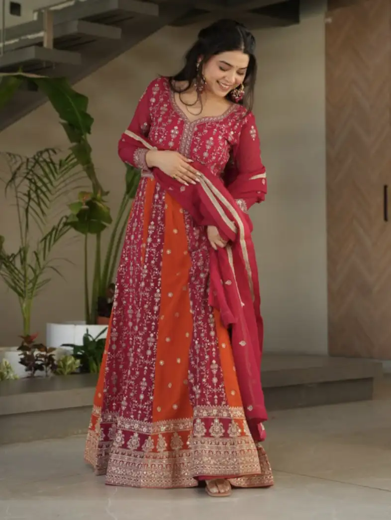 Image for LivewearWomenEthnicMotifsEmbroideredPanelledSequinnedKurtawithSkirtWithDupatta