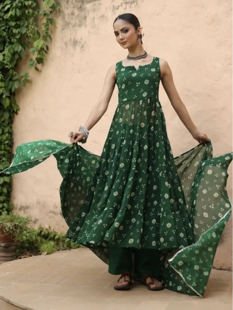 Image for anaynaWomenEthnicMotifsPrintedTieredKurtawithTrousersWithDupatta