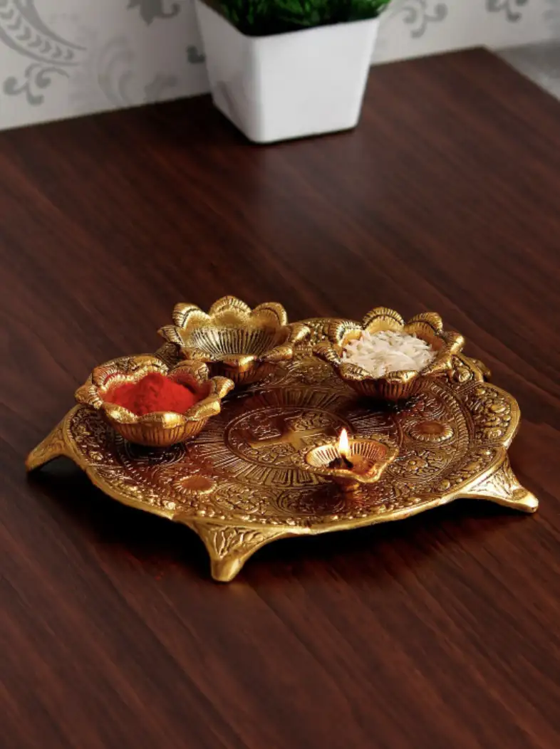 Image for ArtisynGoldenSwastikDesignerwithBowlsAndDiyaMetalPoojaThali