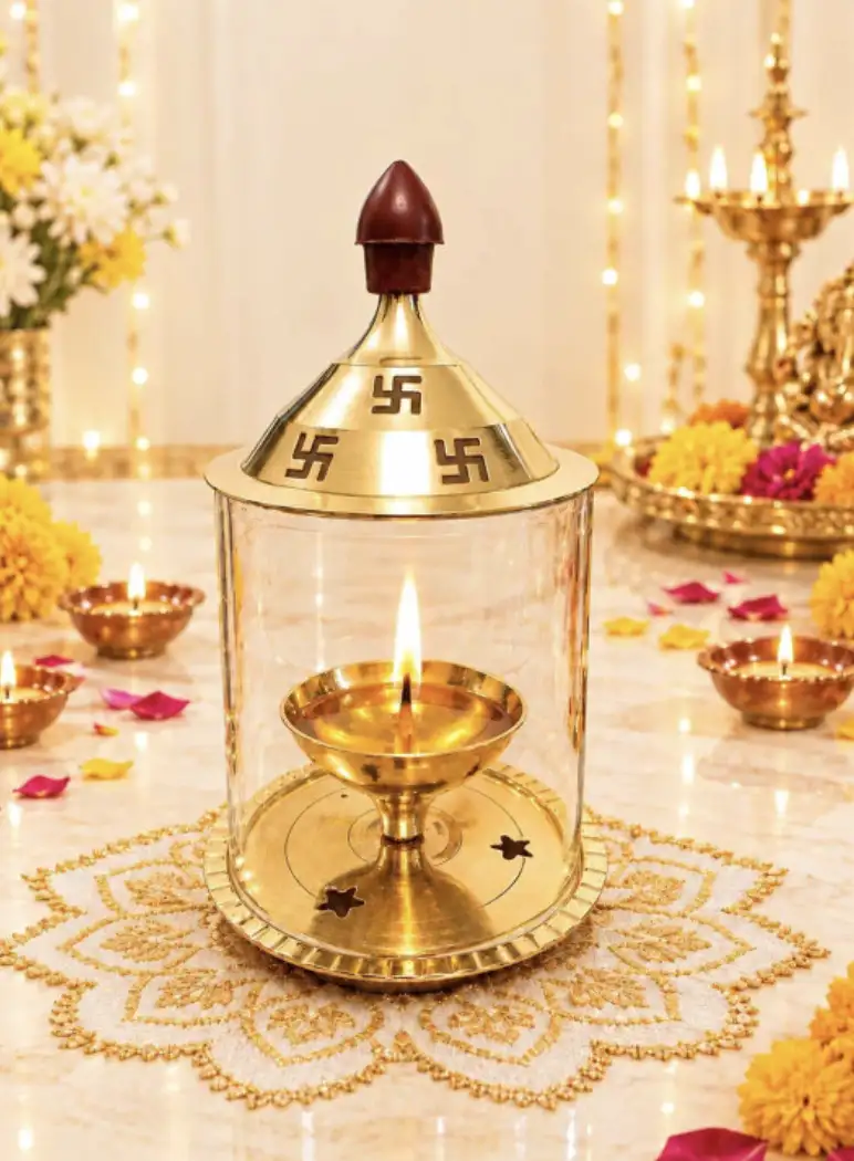 Image for HeavenDecorTraditionalBrassandGlassAkhanddeepDiyawithCoverforPuja