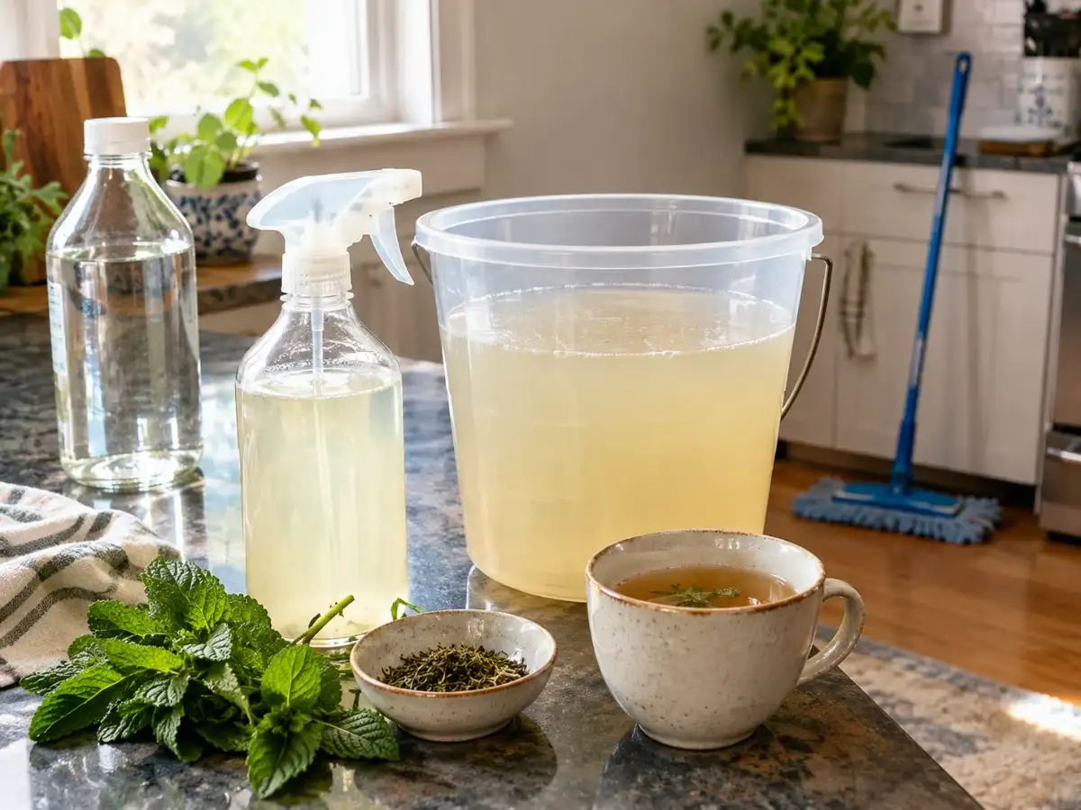 Vinegar and 1/2 cup herbal tea make a floor cleaner; Mississippi State says peppermint adds antibacterial qualities 