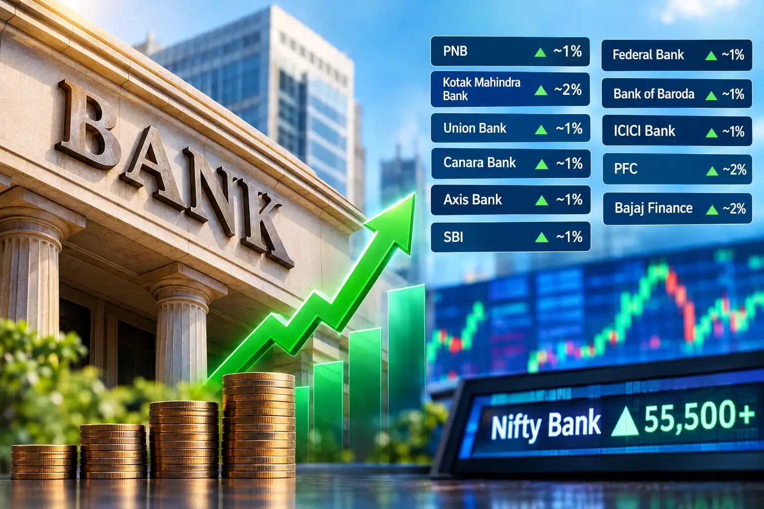 PNB, Kotak Mahindra Bank, other bank stocks rise up to 2% after RBI’s rate hike, Nifty Bank above 55,500