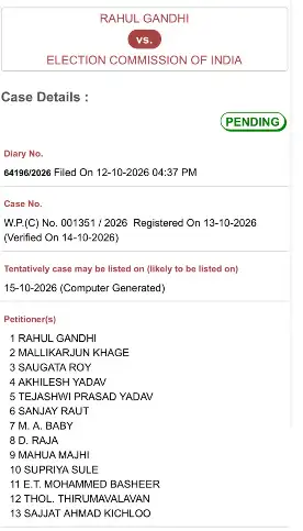 SC to hear petition filed by Lok Sabha LoP Rahul Gandhi and twelve other INDIA bloc leaders challenging the manner in which the Election Commission (ECI) has taken decisions relating to the special intensive revision (SIR) of voter rolls