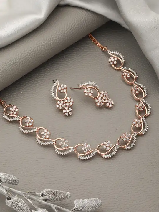 Image for SarafRSJewellery-RoseGold-PlatedWhiteAD-StuddedJewellerySet