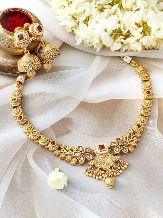 Image for Rubans-24KGold-PlatedFloralDesignNecklaceSetwithJhumkas