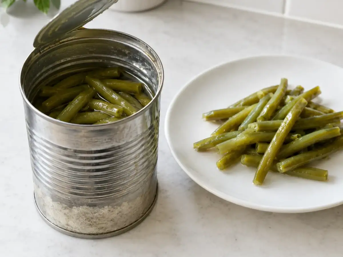 White sediment at the bottom of canned green beans can resemble spoilage, but hard-water minerals may react with natural bean compounds to form a harmless deposit 