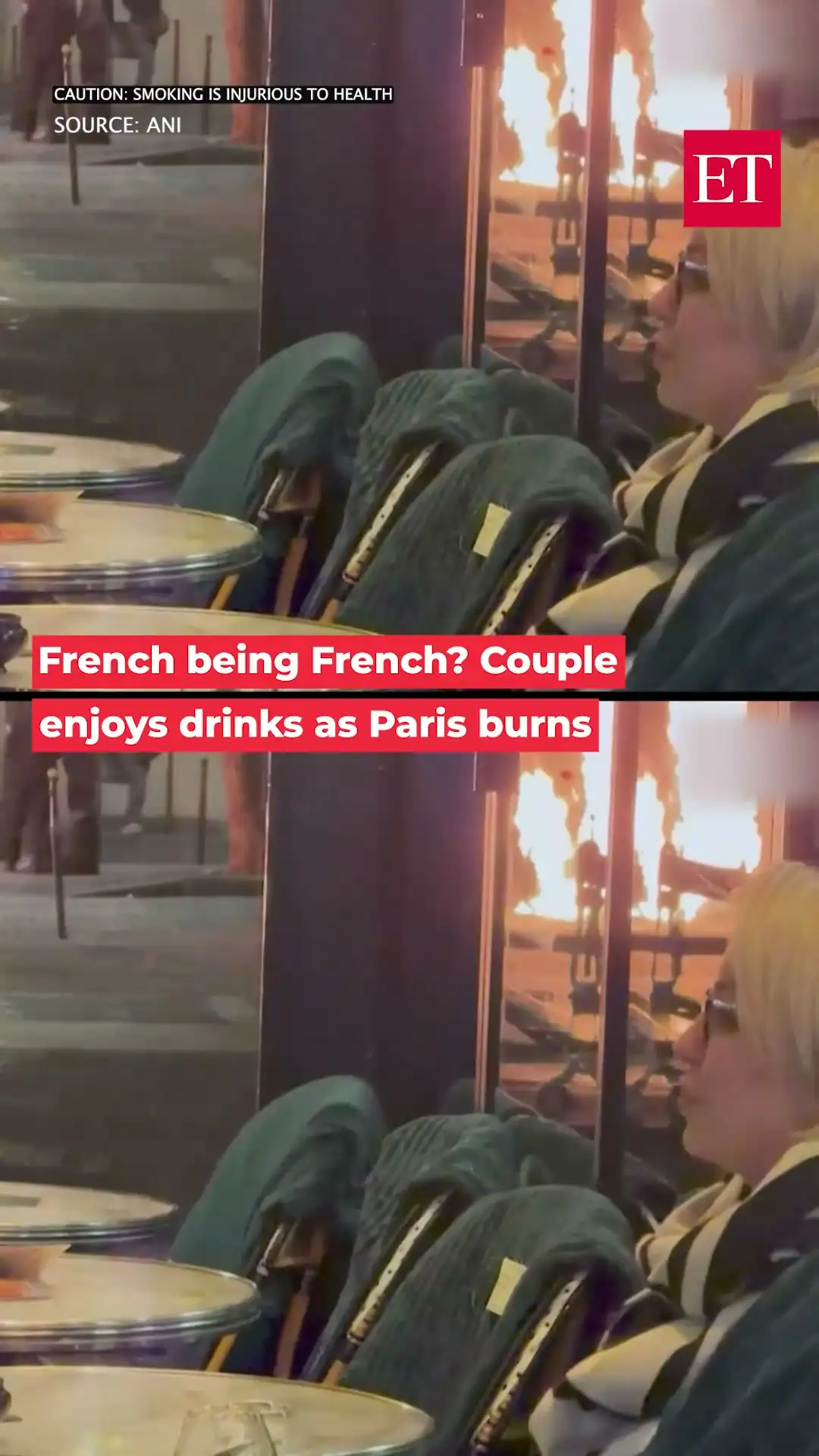 France: Couple sips drinks unfazed as flames rise in background during Paris student riots 