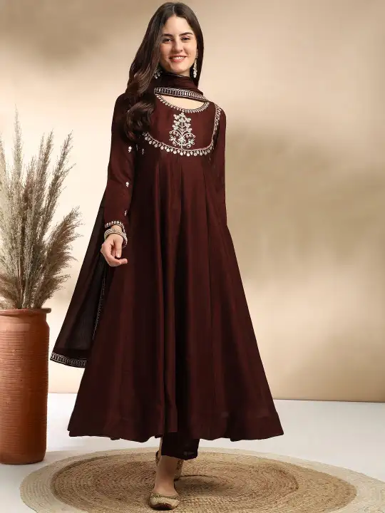 Image for MOKOSH-WomenSilkEmbroideredAnarkaliKurtaAndPantWithDupattaSet