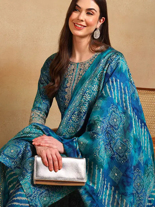 Image for KALINI-EthnicMotifsPrintedThreadWorkStraightKurtaWithTrousers%26amp%3BDupatta