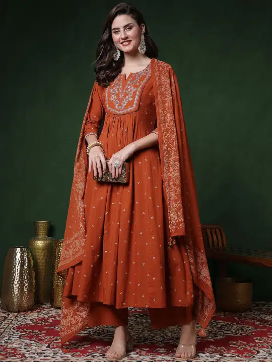 Image for GULMOHARJAIPUR-WomenEthnicMotifsPrintedPureCottonKurta%26amp%3BPalazzosWithDupatta