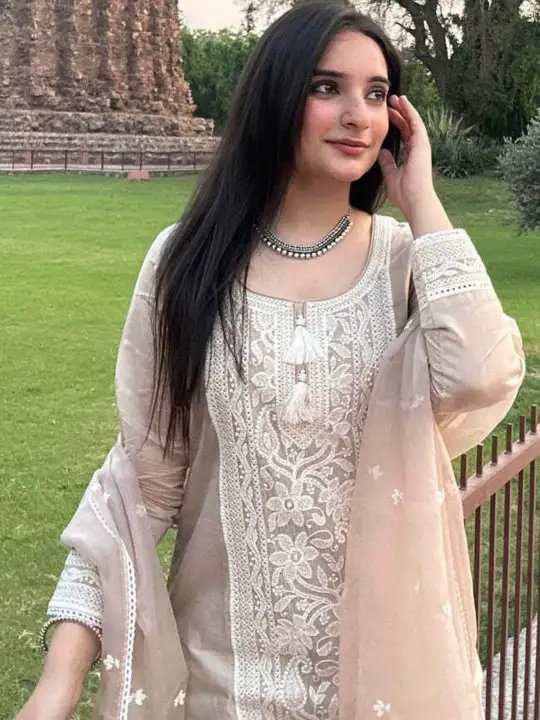 Image for RoyalExport-WomenEthnicMotifsEmbroideredRegularChikankariKurtawithTrousers%26amp%3BDupatta