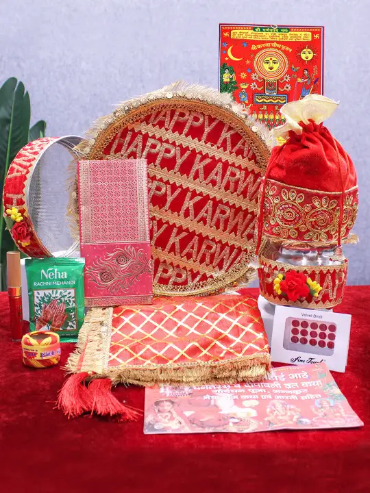 Image for TIEDRIBBONS-Red%26amp%3BGoldTonedKarwachauthThaliSetWithCover%26amp%3BPoojaSamagri