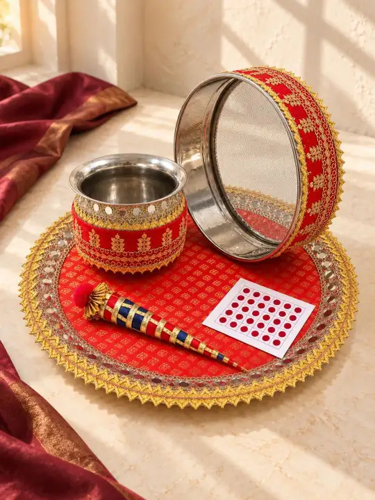 Image for AapnoRajasthan-RedGotaWorkKarwaChauthThaliSet