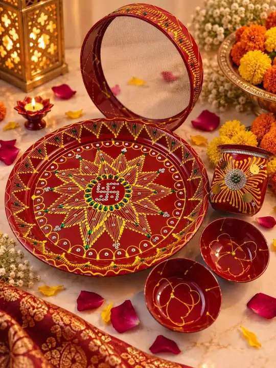 Image for Giftii-5PiecesRedPrintedKarwaChauthSpecialThali
