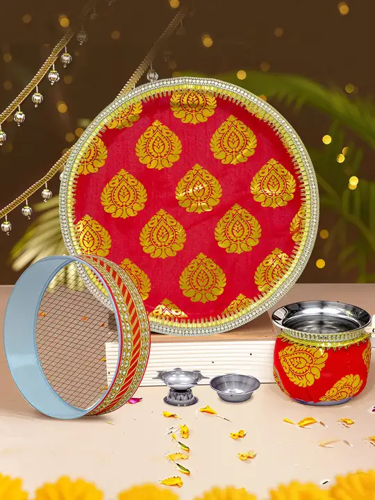 Image for TIEDRIBBONS-Red%26amp%3BGold-ColouredDesignerKarwachauthPoojaThaliSet