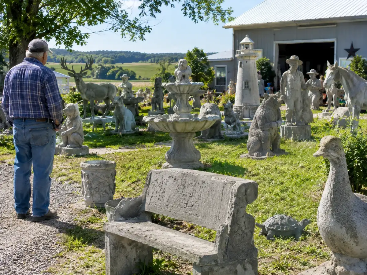 Nick Engelbert was a Wisconsin dairy farmer when a sprained ankle led him to make one concrete sculpture; 15 years later, his yard held more than 40 statues 