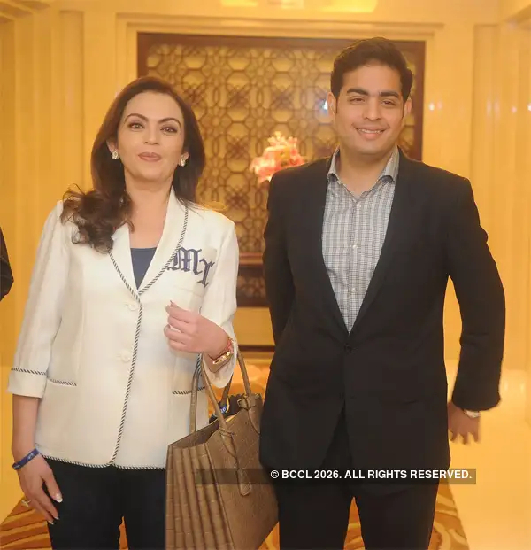 ​​Nita Ambani with son Akash at the IPL 2017 auction in Bangalore.