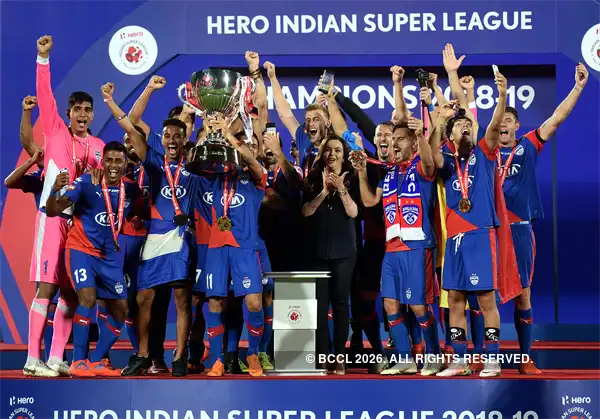 Nita Ambani celebrates with the ​Bengaluru FC team after their win over Goa FC in the ISL 2019 finale.