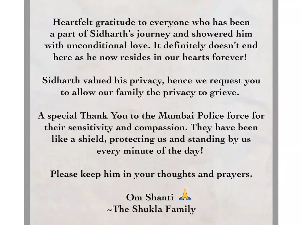 4 Sidharth Shukla's death, family releases statement and requests 'privacy to - The Economic Times