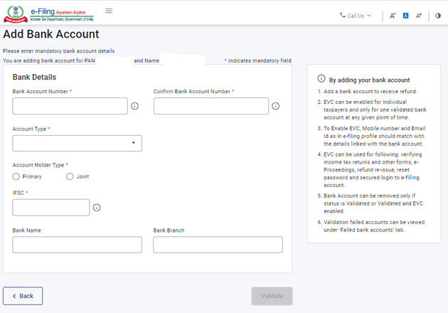 ITR Bank Account Pre Validate How To Pre validate Bank Account To 