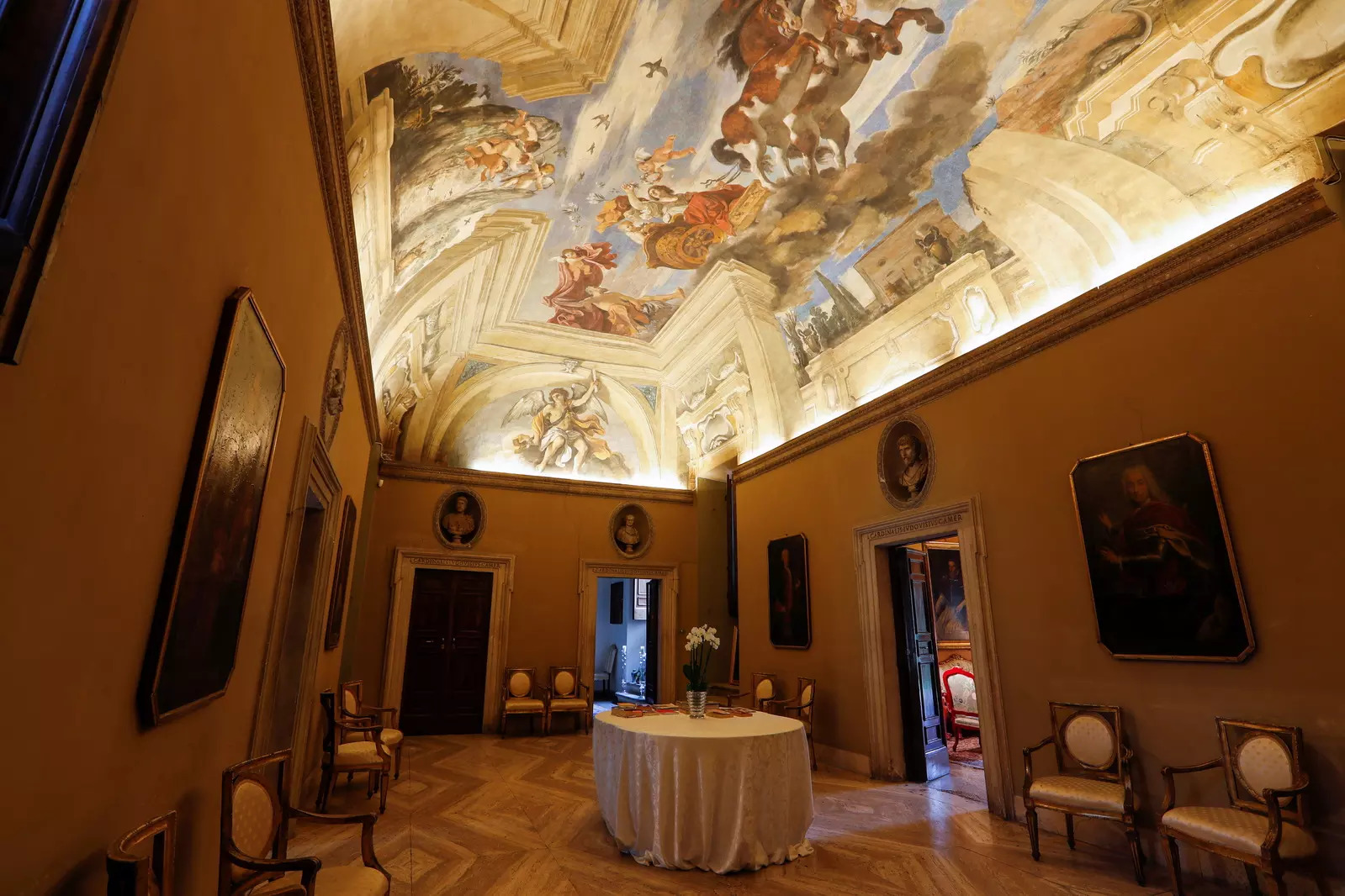 A general view shows a room, with frescoes on the ceiling by Guercino, inside Villa Aurora.