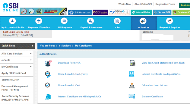 Sbi Form 16a How Sbi Customers Can Download Form 16a Interest Certificate Via Net Banking 8395