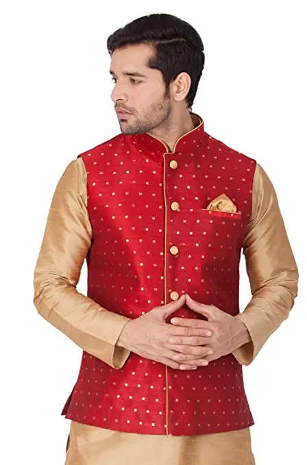 Red Readymade Jacquard Kurta Pajama In Nehru Jacket Style 1065MW10