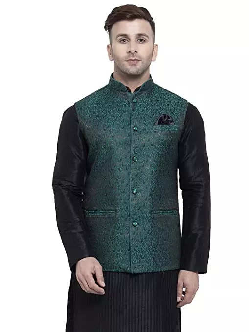 Solid Color Velvet Nehru Jacket in Dark Green : MTE194