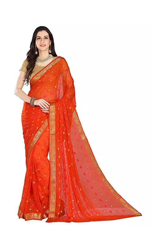 Orange hand woven nylon saree with blouse