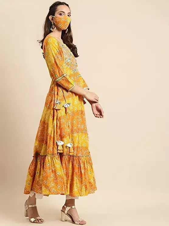 Image for Rapsodia-Pink%26OrangeMirrorWorkCottonBandhaniPrintedTieredAnarkaliKurta