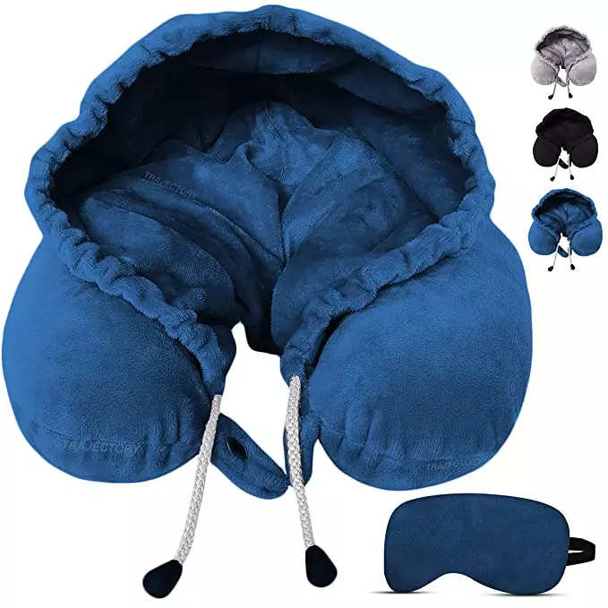Adjustable Travel Pillow with Washable Cotton Cover and Strong Belt Strap  for Custom Neck or Lumbar Support (Blue)