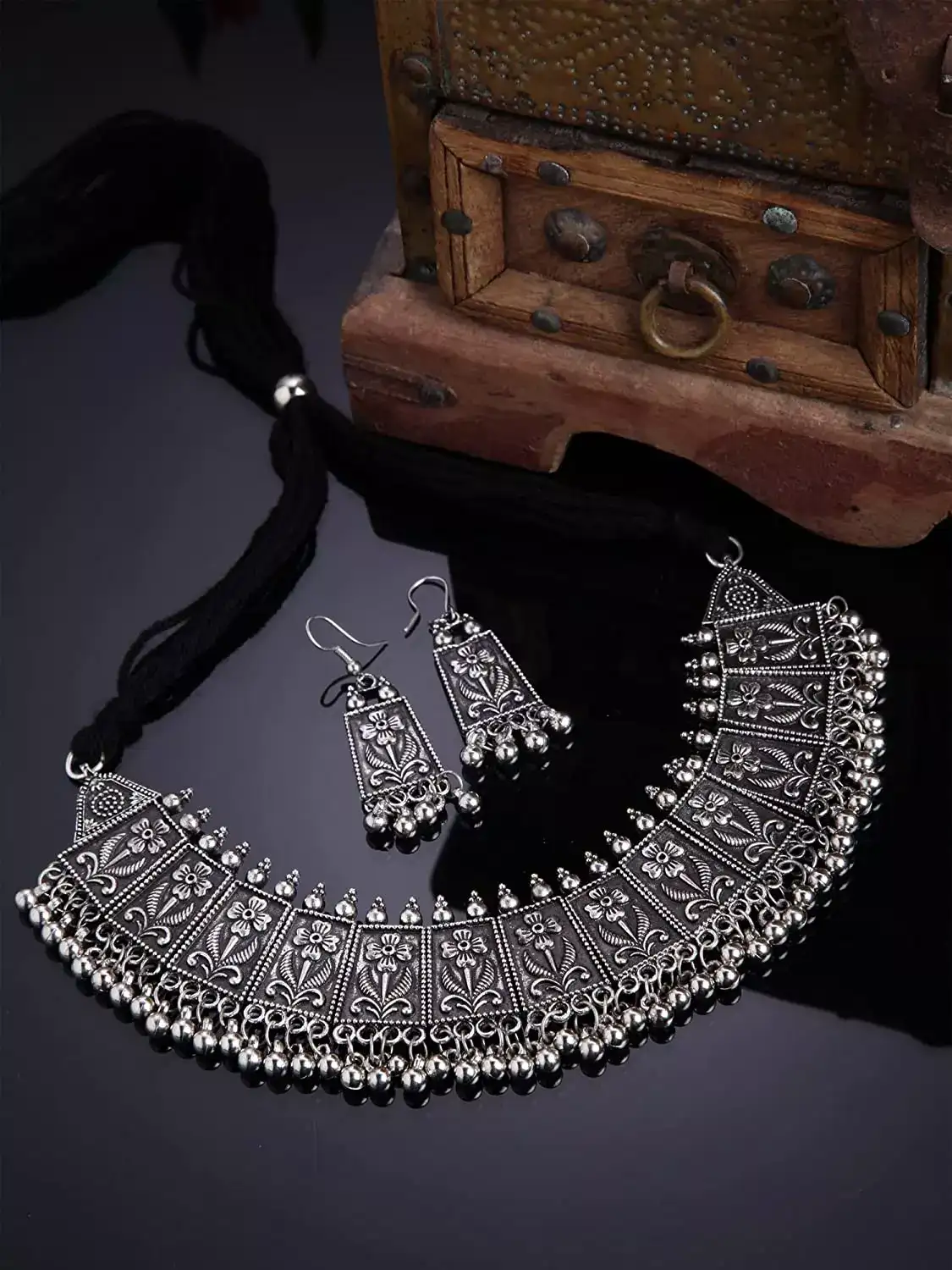 Image for ShiningDivaTraditionalOxidisedSilverNecklaceJewellerySet