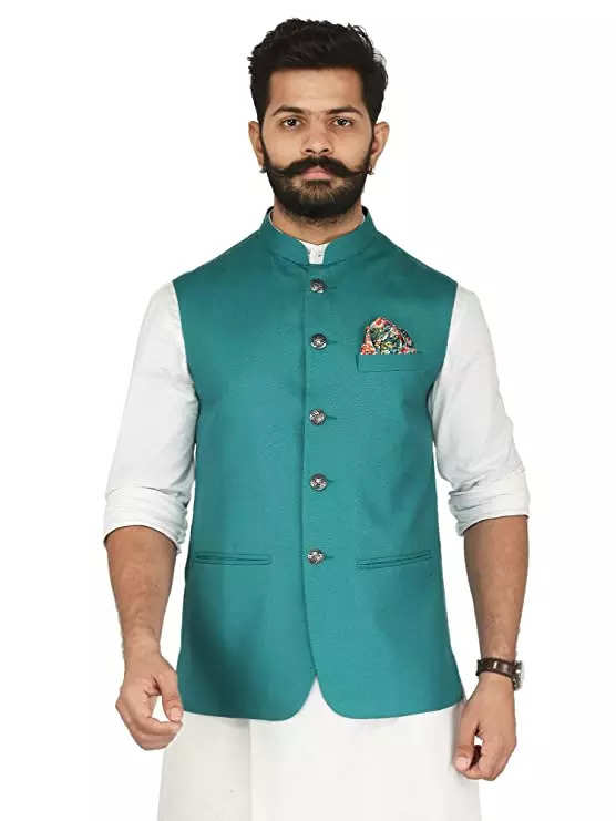 Men's Silk Blend Sea Green & Gold Self Design Nehru Jacket - Sojanya | Nehru  jackets, Self design, Fashion