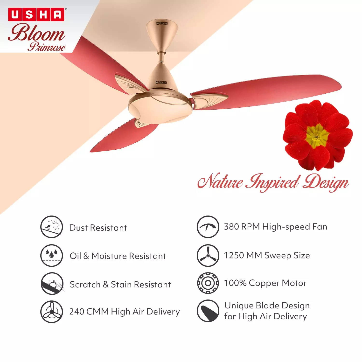 Usha Fans - Fontana Orchid is much more than a fan. Its stylish high gloss  electroplated motor with detachable under lights adds versatility to this  well-rounded fan along with higher air delivery