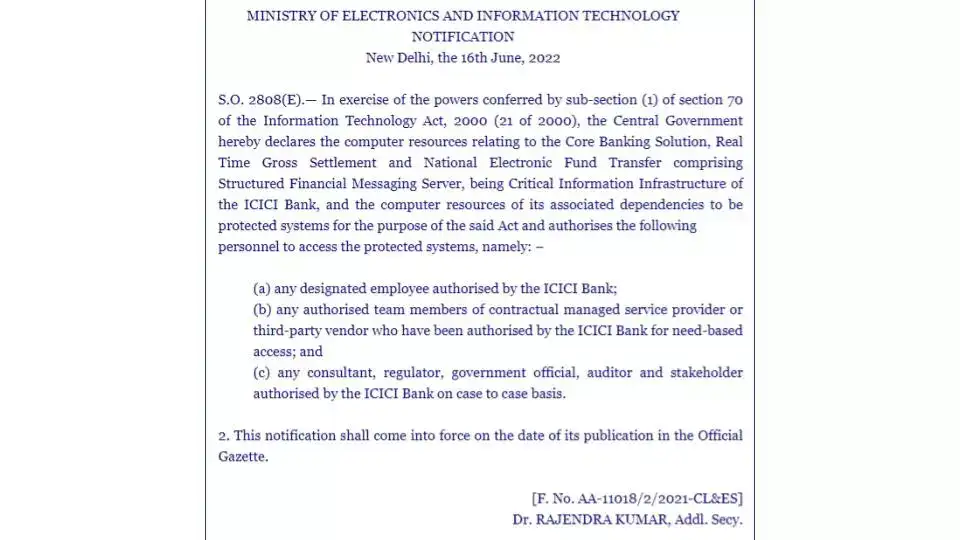 MeitY notification on ICICI Bank (Source: naavi.org) MeitY notification on ICICI Bank (Source: naavi.org)