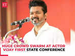 Tamil Nadu: Actor Vijay greets his party workers and fans at the first conference