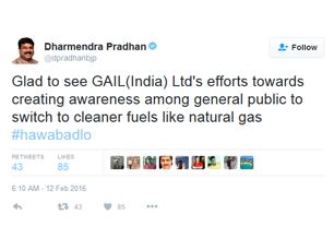 Honorable Minister of State for Petroleum & Natural Gas Tweeted in support of the campaign